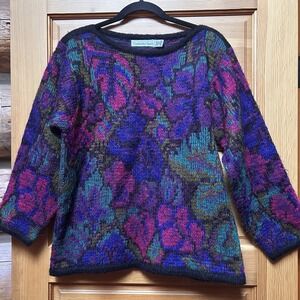 VTG 80s/90s Womens Pink Purple Floral Artsy Wool Sweater Large Retro Cottagecore